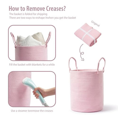 Laundry Hamper Basket, Woven Cotton Rope Blanket Basket, Nursery Storage - color: Light Pink, size: 15"D x 18"H