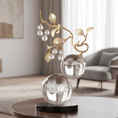 Large Glass Sculpture, Nature Inspired Decorative Statue with Gold Metal Branch - Minimalist Desk Sculpture Home Decor for Tabletop Living Room Shelf Desk Office - Unique Housewarming Gift - color: Clear-large