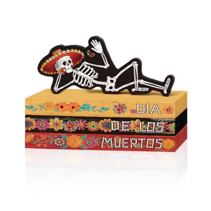 Smile Dia de Los Muertos Wooden Book Stack Decor - style: Muertos