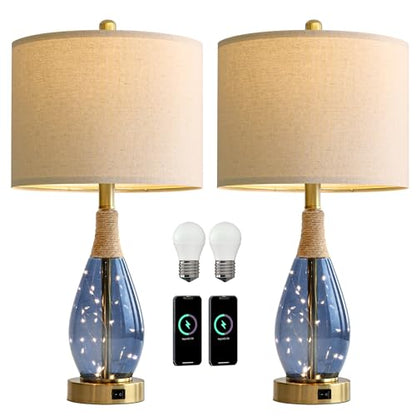 OYEARS 23" Table Lamps for Living Room Set of 2 Bedside Lamps for Night Stands Bedroom Lamps Farmhouse Rattan Boho Lamp Glass Nightlight End Table Lamp with USB C+A (Blue),Two Light Points - color: Blue