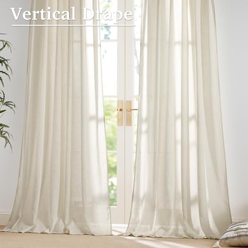 StangH Sheer Linen Curtains 84 inch Length 2 Panels Set, Natural Flax Linen Semi Sheer Curtains Soft Breathable Light Filtering Farmhouse Drapes for Living Room Sliding Door, W55 x L84