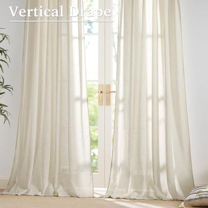 StangH Sheer Linen Curtains 84 inch Length 2 Panels Set, Natural Flax Linen Semi Sheer Curtains Soft Breathable Light Filtering Farmhouse Drapes for Living Room Sliding Door, W55 x L84