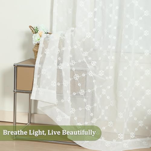 VOGOL Geometric Embroidered Sheer Curtains, 52 x 63, 2 Panels, White - color: Plaid, size: 52"W x 63"L (Pack of 2)