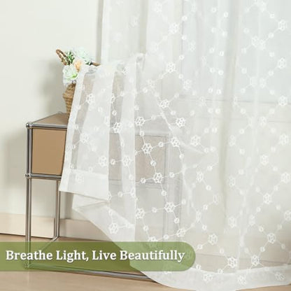 VOGOL Geometric Embroidered Sheer Curtains, 52 x 63, 2 Panels, White - color: Plaid, size: 52"W x 63"L (Pack of 2)