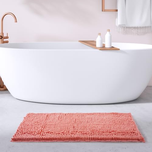 FRESHMINT Large Chenille Bathroom Rugs Mat 36”x24”, Non-Slip Bath Mat for Bathroom Floor & Bathtub, Washable Shower Shag Bath Rugs, Soft Fluffy Thick Water Absorbent Microfiber Shower Mat, Coral - color: Coral, size: 2' x 3' (Rectangular)