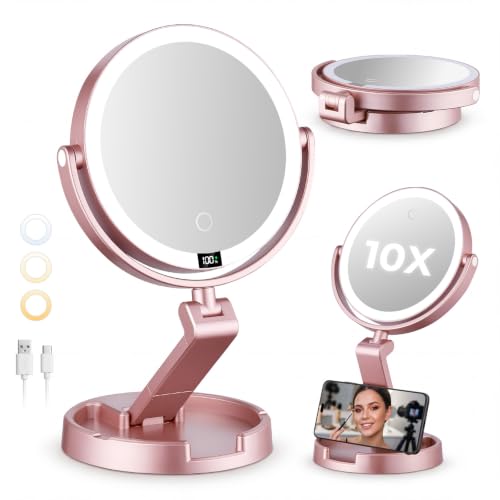Lighted Travel Makeup Mirror,1X/10X Magnification,3 Light Modes, Rose Gold - color: Gold