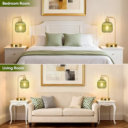 Green Glass Table Lamps Set of 2, Dimmable Bedside Lamps for Living Room - color: Gold&Green