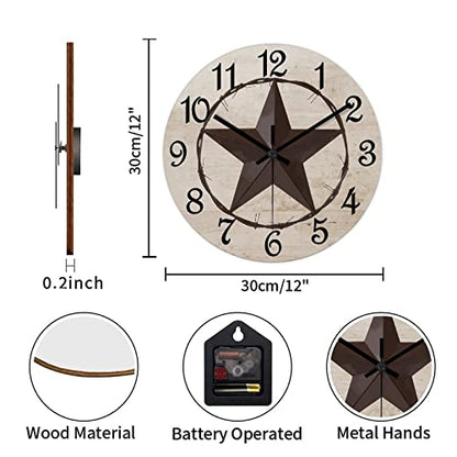 Round Farmhouse Wall Clock Western Texas Star Classic Style Wood Clock Silent Non-ticking Battery Operated Easy to Read Antique Wall Hanging Desk Clock for Living Room Kitchen Farmhouse 12 Inch - color: Style, size: 12in