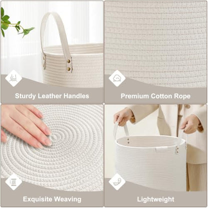 VIPOSCO 53L Tall Woven Rope Laundry Hamper, Leather Handles, White - color: White, size: 53L