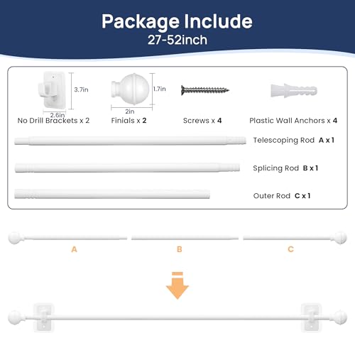 ENJOYBASICS Curtain Rods No Drilling for Renter, 28-47" Adjustable, White - color: White, size: 27-52"