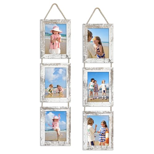 5x7 Collage Picture Frames Set of 2, Rustic Wooden Real Glass Vertical Hanging 3 Opening 5 by 7 Photo Frame, Distressed White - color: Distressed White, size: Vertical-5x7 in