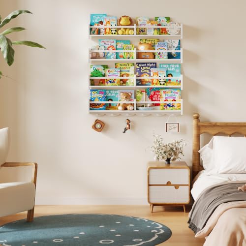 34Inch Nursery Floating bookshelf Coat Rack with 6 Hooks, Set of 4 White - color: White