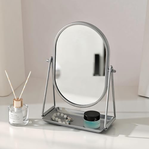 Small Vanity Makeup Mirror Desk Mirror with Storage Tray Silver - color: Oval-silver