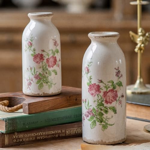 Vintage Rose-Floral Small Ceramic Vase Set, Retro Rustic Farmhouse Cute Flora Vase Gift, Art Décor for Your Home, Kitchen, Bedroom, Office, Living Room, Bathroom & Shelf Centerpiece Table Decorations - color: Pink Flora, size: set of 2