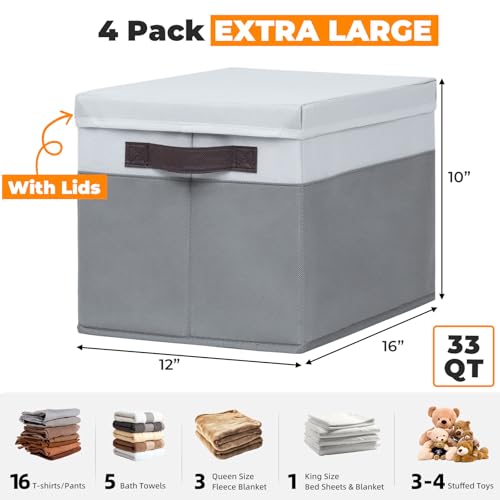 Extra Large Storage Baskets with Lids 4 Pack, 33 QT Throw Blanket Basket for Living Room - Stackable Decorative Closet Shelf Organizers and Storage Box for Organizing Clothes Towels Book - 16x12 in - color: White with Grey, size: 4pcs-Extra Large