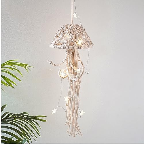 Macrame Wall Hanging,Jellyfish Dream Catcher with Star Lights,Bohemian Woven Wall Art Decor Beautiful Apartment Dorm Room Door Decoration (White) - color: White