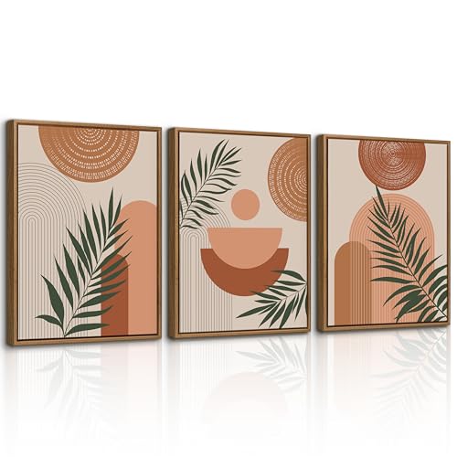3 Pcs Terracotta Botanical Framed Canvas Wall Art Prints Abstract 16"x24" - color: Boho Terracotta Geometric Line Botanical, size: 16"x24"x3Pcs