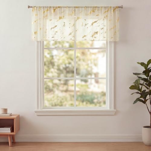 Horaldaily 2Pcs Beige Sheer Valance for Window 52x14in, Gold Sequin Marble - color: Beige and Gold, size: 52"W x 14"L (Pack of 2)