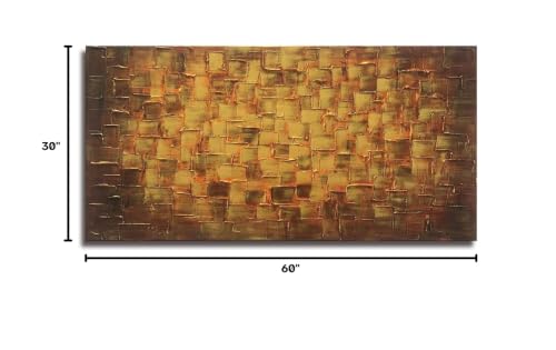 MyArton Large Abstract Golden Yellow Square Wall Art Hand Painted Textured Oil Painting on Canvas Ready to Hang 60x30inch - color: Golden, size: 60"L x 30"W