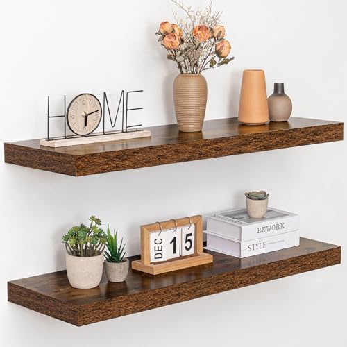 Acovy 36 Inch Floating Shelves, 12" Deep Floating Shelf Wall Mounted, 36" Wall Shelves, Rustic Deep Bookshelf, Extra Deeper & Thicker Display Shelves for Bedroom, Living Room, Brown, Set of 2 - color: Brown, size: 12"Wx36"L-2pcs
