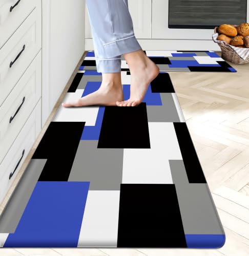 Tyrot Blue Kitchen Rugs Set of 2 Cushioned Anti Fatigue Kitchen Mats for Floor Non-Slip Waterproof Kitchen Floor Mats Geometric Ergonomic Cushioned Comfort Standing Mat for Laundry, Office, Sink - color: Blue