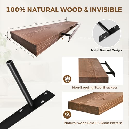 Solid Wood Floating Shelves, 36 Inch Wall Shelves, Set of 2, Brown - color: Brown, size: 36x8x1.6