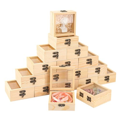 18 Pack Wood Box with Glass Lid, 3.54 x 3.54 x 1.77 inch Wooden Display Box with Hinged Lid for DIY Craft, Collectibles - size: 18 Pack 3.54 x 3.54 x 1.77 inch