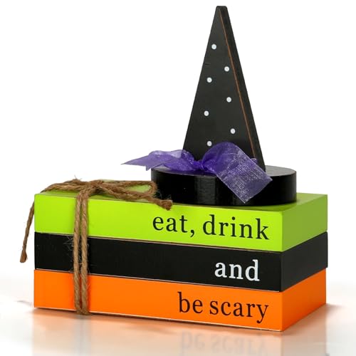 Halloween Decorations 4PCS Table Centerpieces, Cute Tabletop Halloween Decor for Tiered Tray Shelf Mantel Fire Place Office Desk Rustic Farmhouse Wood Faux Book Stack and Witch’s Hat Sign - color: Green, Black, Orange
