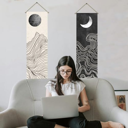 AHANDMAKER 2Pcs Boho Line Sun and Moon Tapestry, Black and White Sun Moon Long Vertical Tapestry Wall Hanging, Minimalist Abstract Tassel Wall Aesthetic Tapestry for Bedroom Living Room, 45.7x13Inch - color: Sun and Moon