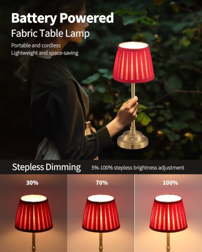 KDG Gold Cordless LED Table Lamps Set of 2, Red Fabric Shade Desk Lamps - color: Gold + Red Lampshade (2 Pack)