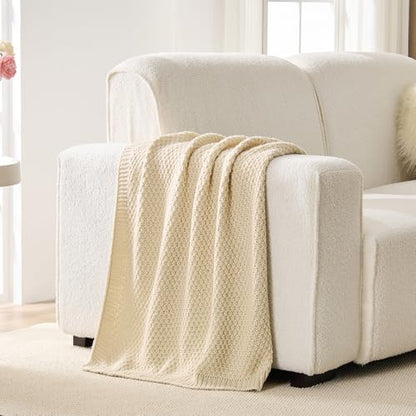Beige Throw Blanket, Moss Knit, 60" x 80", Ivory Beige - color: Moss-beige, size: 60"x80"