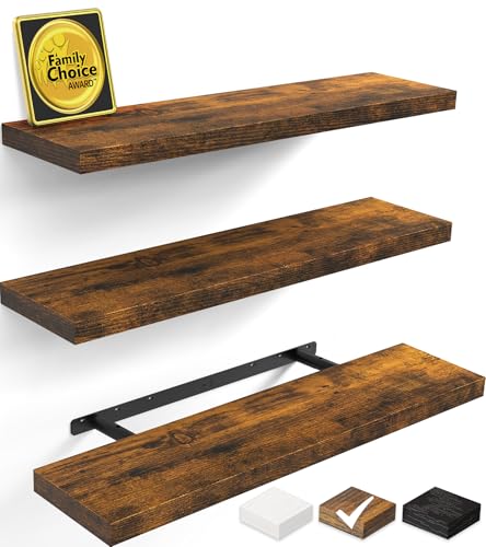 BAYKA Rustic Brown Floating Shelves 35.4in, Set of 3, Wall Mount Wood Shelf - color: B. Rustic Brown - Americana Farmhouse Style, size: 35.4inches