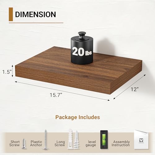 Vivelove Deep Floating Shelves, 16 X 12 Inch, Walnut,Set of 2, - color: Walnut, size: 16”wx12”dx1.5”h