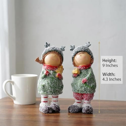 Charming Winter Figurines Set of 2 Christmas Boy and Girl Statues