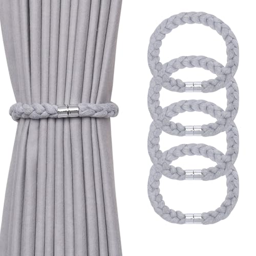 NICEEC 4 Pack Natural Cotton Rope Magnetic Curtain Tiebacks Elegant Twisted Braid Style Drape Tie Backs Soft Hand-Woven Rope Curtain Holdbacks for Home & Office Window Draperies (Light Grey-01) - color: Light Grey-01, size: 4 Pack