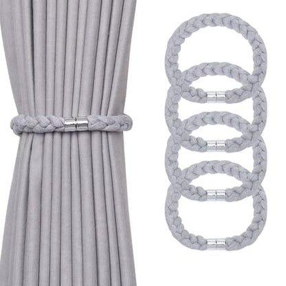 NICEEC 4 Pack Natural Cotton Rope Magnetic Curtain Tiebacks Elegant Twisted Braid Style Drape Tie Backs Soft Hand-Woven Rope Curtain Holdbacks for Home & Office Window Draperies (Light Grey-01) - color: Light Grey-01, size: 4 Pack