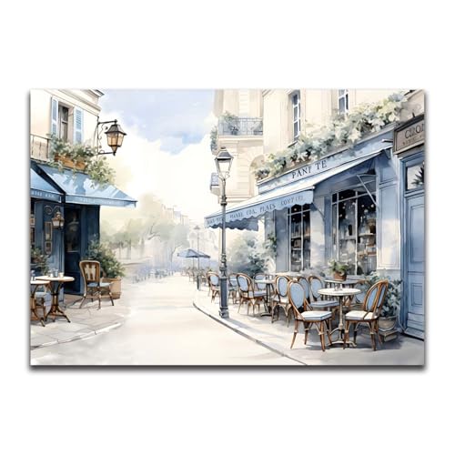 Framed Paris Cafe Canvas Wall Art, 24"x16" Blue Street Scene - color: Blue 01, size: 24"L x 16"W