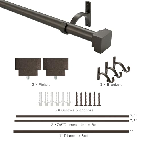 Single Curtain Rods for Windows 48 to 84 Inch(4-7ft),1 Inch Diameter Adjustable Heavy Duty Drapery Rods,with Modern Square Aluminum Alloy Finials,Antique Bronze - color: Antique Bronze, size: 48-84"