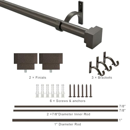 Single Curtain Rods for Windows 48 to 84 Inch(4-7ft),1 Inch Diameter Adjustable Heavy Duty Drapery Rods,with Modern Square Aluminum Alloy Finials,Antique Bronze - color: Antique Bronze, size: 48-84"