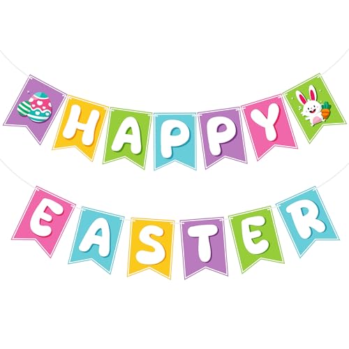 OHOME Easter Decorations - Happy Easter Banner | Bunny Party Decorations for Indoor Outdoor Outside - Bunny Egg Garland for Front Door | Easter Backdrop Wreath for Window Wall - Easter Decor - color: Purple