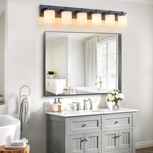 Modern Bathroom Light Fixtures Over Mirror, Vanity Lights for Bathroom Wall Sconces with Milky White Glass Shades, E26 Socket (Bulbs Not Included), 6 Light, Black - color: Black, size: 42.12 inch-6-Light