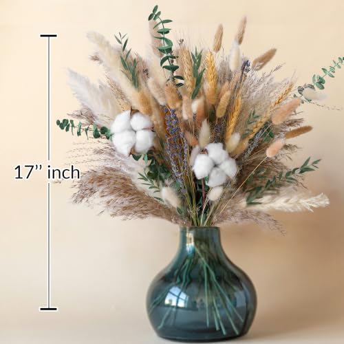 Green Dried Flower Bouquet, 10 Varieties Pampas Grass with Eucalyptus, Lavender, Cotton, Wheat & Bunny Tails, Natural Dried Flowers for Vase, Boho Farmhouse Wedding Home Decor - size: Green