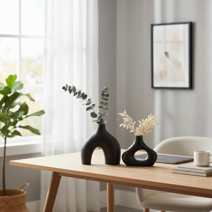 Carrot's Den Black Ceramic Modern Vase Set of 2, Donut Shelf Decor, Black - color: Black
