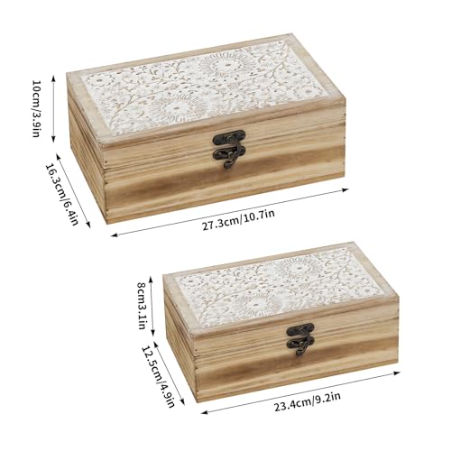 Rustic Farmhouse Wood Decorative Boxes, Set of 2 Keepsake Box Wooden Box with Hinged Lid and Floral Carved Design, Decorative Boxes for Home Decor (Brown) - color: Brown - 2PCS