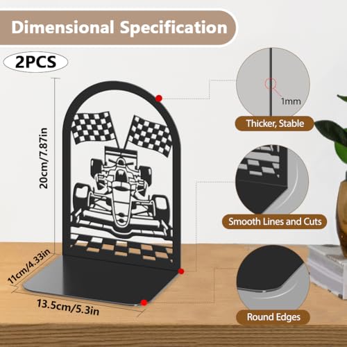 2pcs Book Ends Formula Car Metal Bookends Heavy Duty Book Stoppers Non-Slip Bookend Office for Small Large Heavy Books Textbooks Black - style: Formula Car