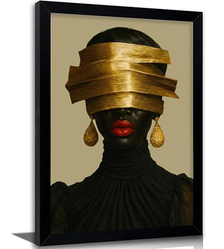 Framed African American Women Canvas Wall Art, Luxury Black Female Figure with Gold Blindfold Painting, Modern Glam Wall Decor for Bedroom Living Room Office - color: Black and gold, size: 24"L x 16"W