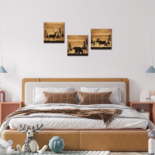Apicoture Bear Elk Moose Wall Pictures Forest Landscape Hunting Theme Woodland Animal Painting Framed Canvas Artwork Farmhouse Wall Decor 12"x12"x3 Panels