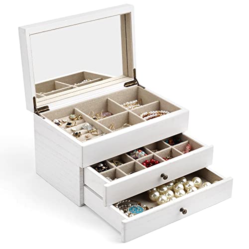 Meangood Jewelry Box Organizer for Women, 3 Layer Large Jewelry Storage Case, Rustic Wooden Jewelry Box with Mirror & Ring Tray for Necklace Earring Bracelets Rings, Vintage Style (White) - color: White, size: 2-Drawer
