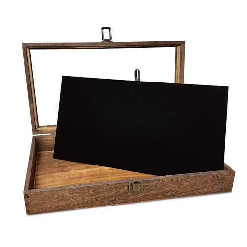 MOOCA Wood Jewelry Display Case with Tempered Glass Top, Velvet Pad - color: 9A) Brown, 2.75 Inch High