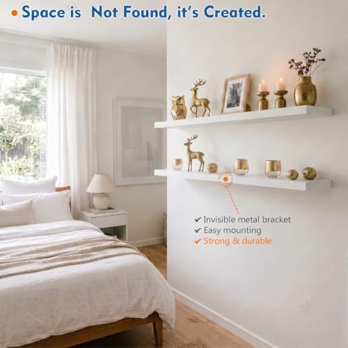 White Floating Shelves 48 inch Long, Large Wall Shelf for Living Room - color: White, size: 48 x 8 Inch